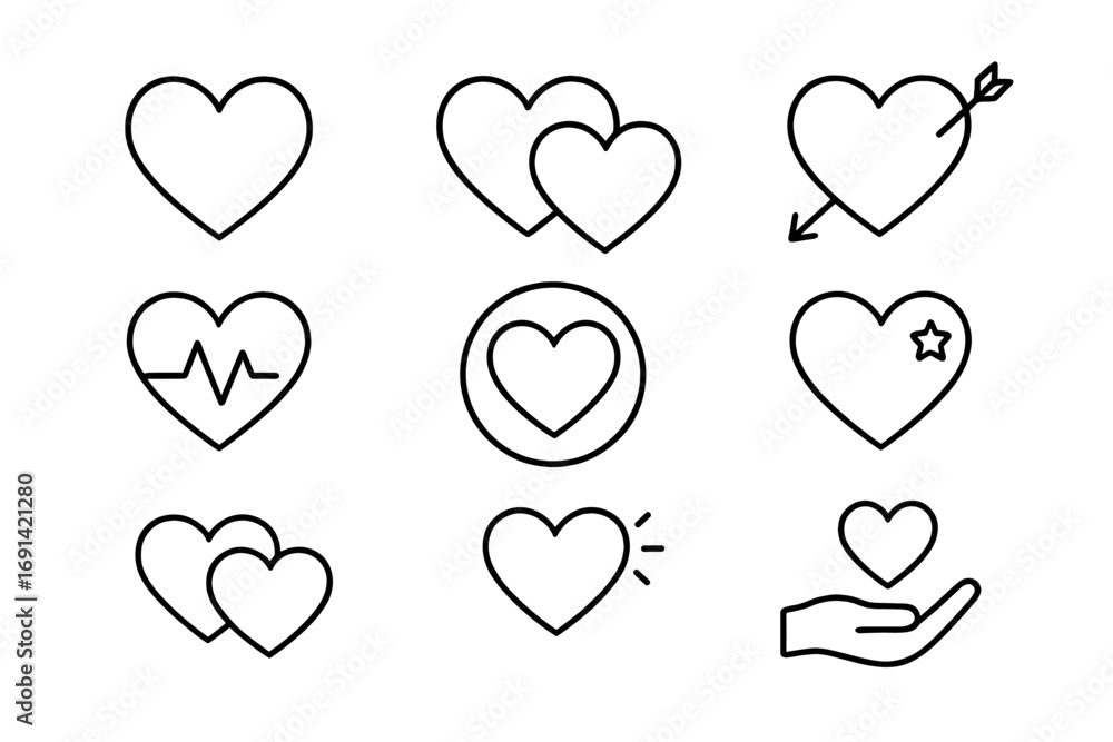 Poster heart line icon set. love symbol bundle. minimalistic linear pictogram with editable stroke. vector 