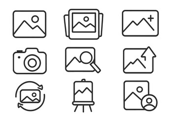 Set of Picture and Photography Line Icons, Outline Symbols for Graphic Design, Web Apps, Advertising, Photo Editing, Image Gallery, Visual Content Creation Vector