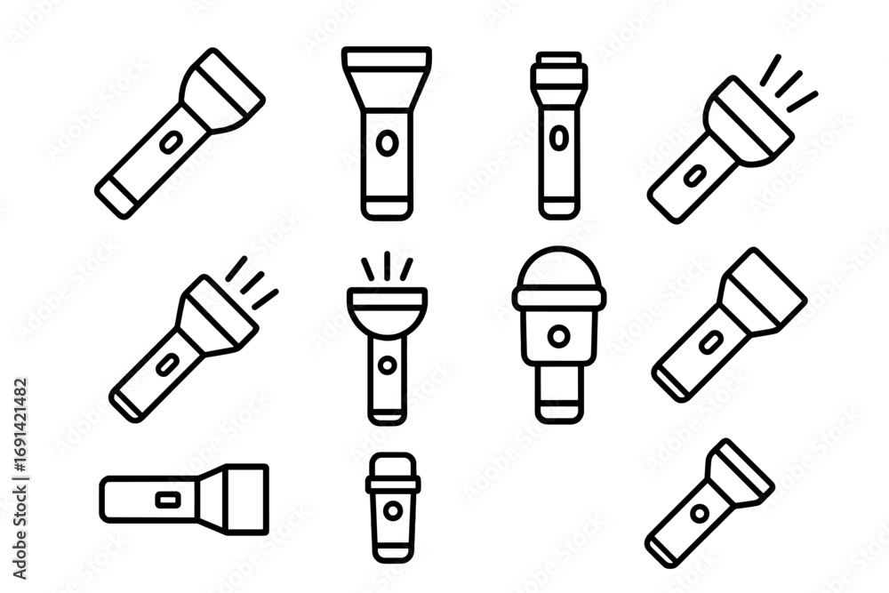 Poster flashlight line icon set. torch collection. editable stroke. minimal linear pictograms for apps, web
