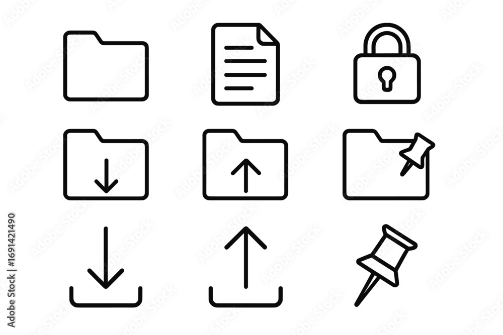 Poster file management outline icon set. folder, document, security lock, pin, and arrow icons for ui ux de