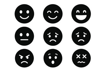 Emotion mood silhouette icon set. Face expression symbols for feedback or satisfaction rating. Happy, sad, angry, neutral smiley faces. Feelings vector communication icons.