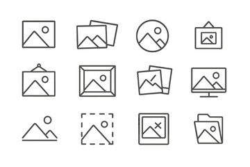 Picture line icon bundle set with outline signs for graphic design, web design, apps, adverts, various cards, digital content, cartoons, and transparent background, organized collection