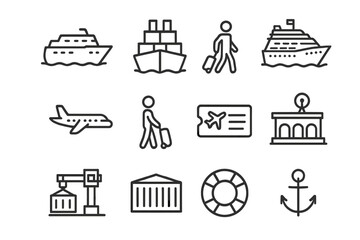 Passenger cargo cruise ship travel icons set. Editable stroke vector illustrations for websites, apps, books, cards. Transport, ticket, container, anchor, luggage concepts