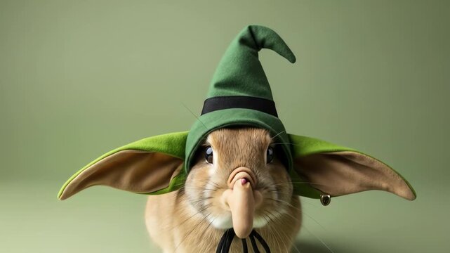 A rabbit dressed as a goblin wearing a green hat and nose