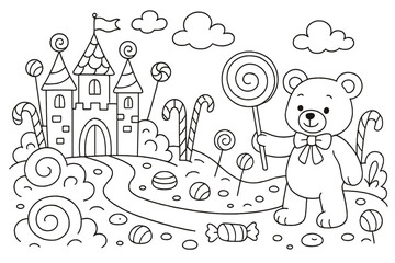 Coloring page for kids with a cute teddy bear in a whimsical candy land. Sweet fantasy world with a fairytale castle, lollipops and candy. Vector cartoon outline illustration.