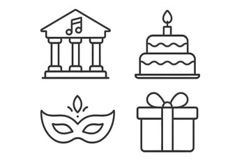 Celebration and entertainment thin line icon set. Includes concert hall, birthday cake, masquerade mask, and gift box. Vector icons for party, event, carnival, and holiday design. Editable stroke.