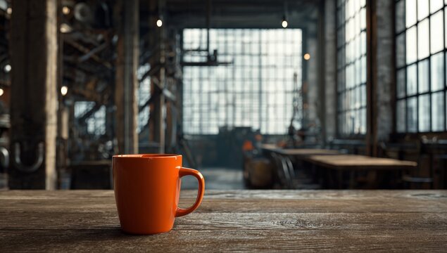 Orange mug on a wooden table in a large industrial space