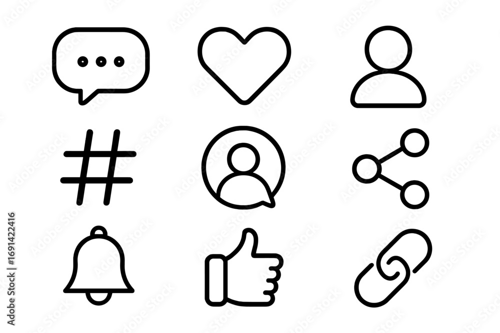 Poster social media marketing outline icon set. communication and online networking graphics. user interfac