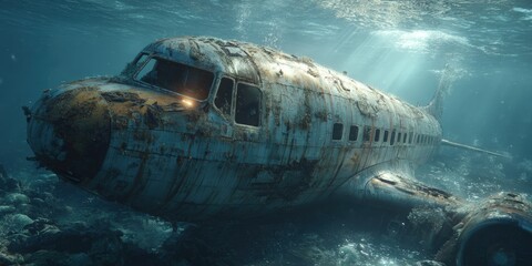 Rusted airplane wreckage submerged in the ocean