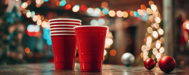 Red plastic cups on a table, blurred holiday lights in the background