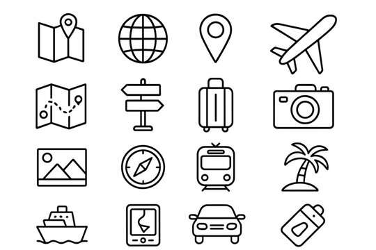 Travel and transport line icon set. Tourism, vacation, and journey symbols. Navigation, flight, map, car, ship, and train outline icons for web and mobile design. Vector pack.