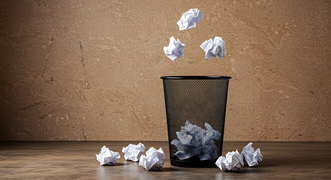 Crumpled paper balls falling into black mesh trash can on wooden desk waste