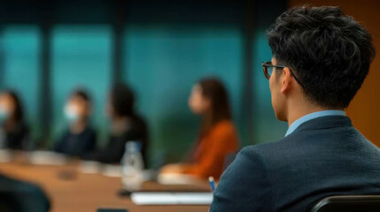 A professional business meeting scene with a speaker facing a panel in a modern conference room; foreground shows an attentive attendee in a suit and glasses.