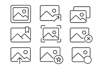 Set of picture-related line icons, outline graphic and web design symbols for apps, adverts, various cards, photo upload, preview, delete, bookmark, and editing vector cartoon illustration