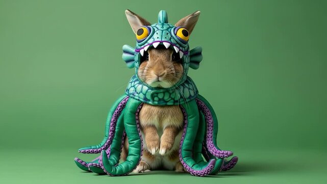 A rabbit wears a vibrant green and purple sea monster costume with tentacles