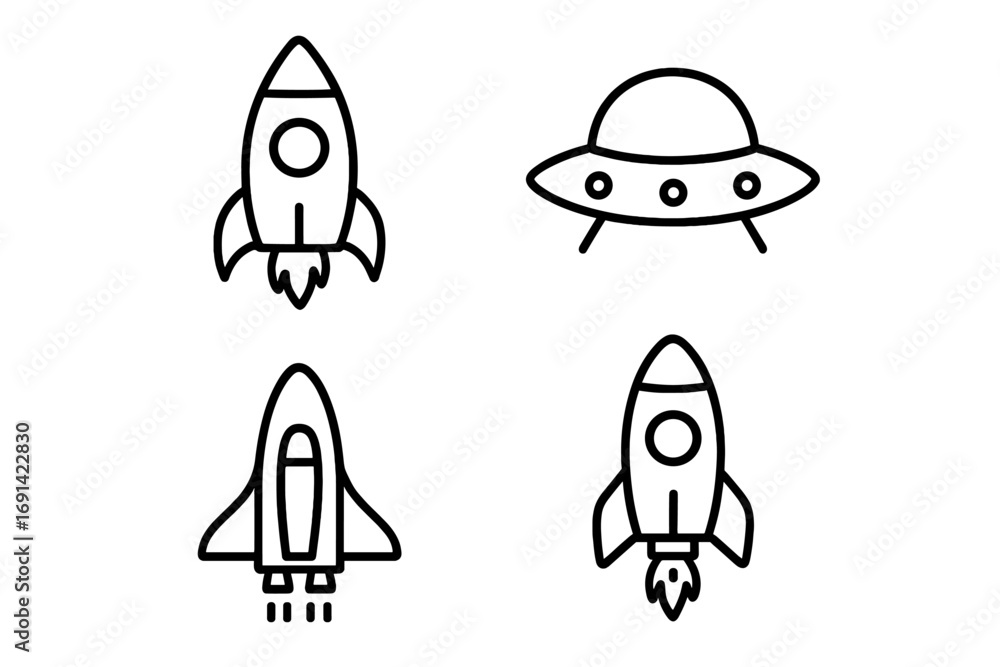 Poster space exploration line icon set. rocket, shuttle, and ufo vector symbols. spaceship launch and alien