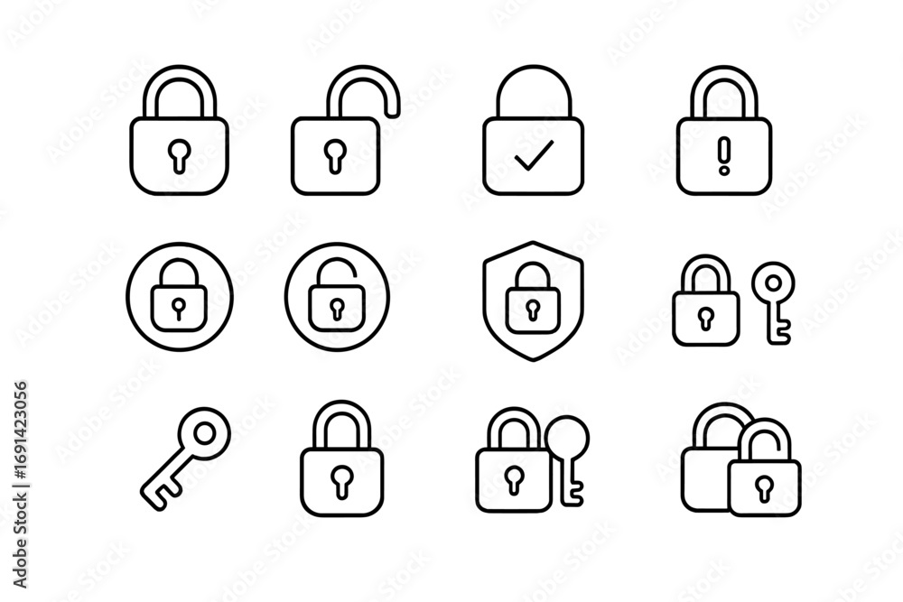 Poster lock line icon set. security and protection concept. padlock open and closed with key. safety, priva