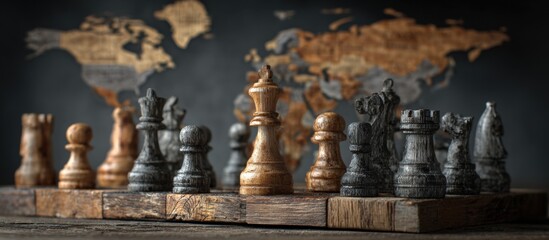 Chess pieces on a wooden board, world map background