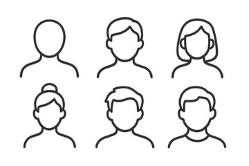 Set of faceless person profile line icons. User avatar, head silhouette pictogram collection. Minimalist linear vector for apps and web. Man and woman characters.