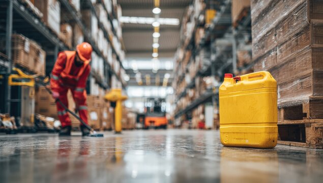 Warehouse worker cleaning a concrete floor