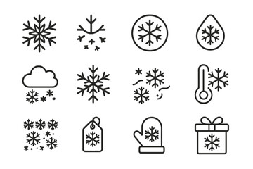 Set of snowflake line icons for websites, books, cards, apps, editable stroke vector illustrations, winter season symbols, cold weather design elements, holiday and Christmas themes