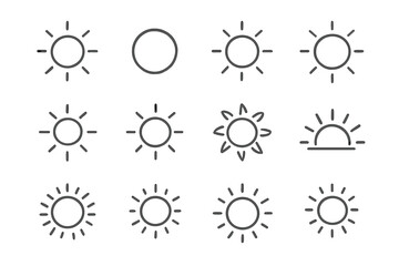 Sun line icon collection, editable stroke, minimalistic linear pictogram set for design, web, cards, apps, banners, posts, transparent vector cartoon sun symbols illustration