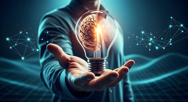 A glowing lightbulb contains a human brain, conceptualizing a brilliant idea, innovation, and creative thinking.