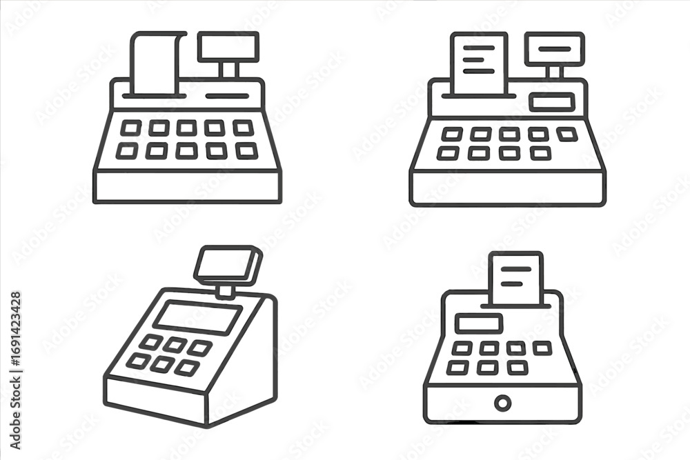 Poster cash register icon set. simple linear pictograms for store checkout. editable stroke vector illustra