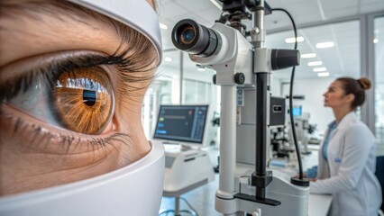 Close-up of human eye with advanced retinal scan in ophthalmology clinic, showing diagnostic equipment reflection