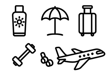 Travel-related simple icon set with sunscreen bottle, beach umbrella, luggage, dumbbell, earphones, airplane symbols for banners, infographics, articles, and design projects