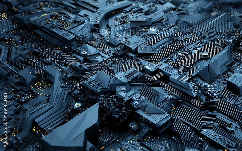 Poster close-up view of complex electronic circuit board components
