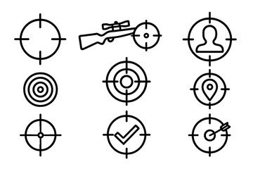 Target and aim outline icon set. Crosshair, sniper rifle scope, and bullseye symbols. Concept of goal, focus, precision, and business strategy. Editable stroke vector.