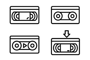 Video tape icons modern outline style for design, cards, apps, social networks. Vector cartoon illustration with transparent background. Set of playback, rewind, and download buttons