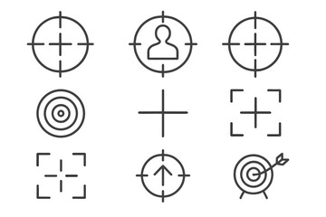 Target and aim line icon set. Crosshair, focus, and goal symbols. Customer targeting, business strategy, and precision marketing concepts. Editable stroke vector icons.
