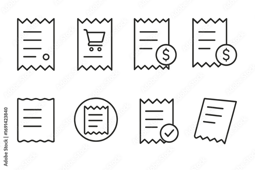 Poster store receipt line icon set. vector bill and invoice pictogram bundle for finance apps and web desig