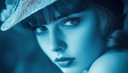 Flapper Lady In 1920s Gazing At Camera In Dreamlike State With Blue Filter On Image: Capturing Beauty Of Young Woman.