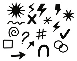 Set of hand drawn geometric shapes including stars, arrows, and spirals, with a quirky, energetic, and modern vibe