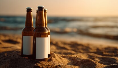 Empty beer bottles on sandy beach at sunset