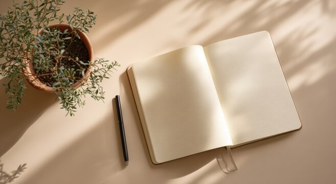 Open notebook, plant, pen on beige surface