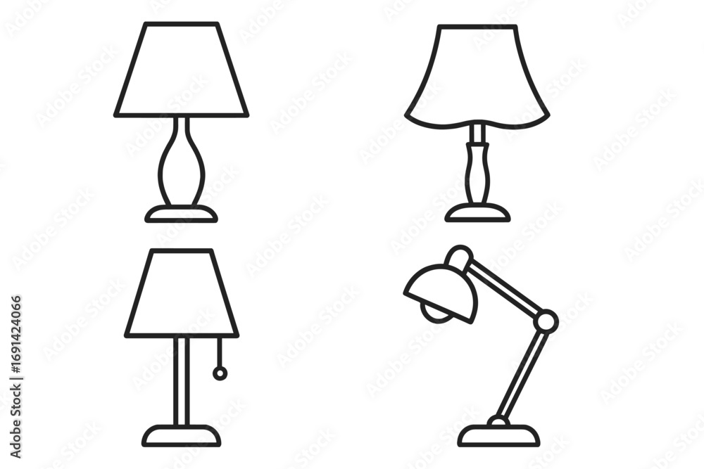 Poster table lamp line icon set. desk lamp, bedside light, and reading lamp vector collection. simple outli