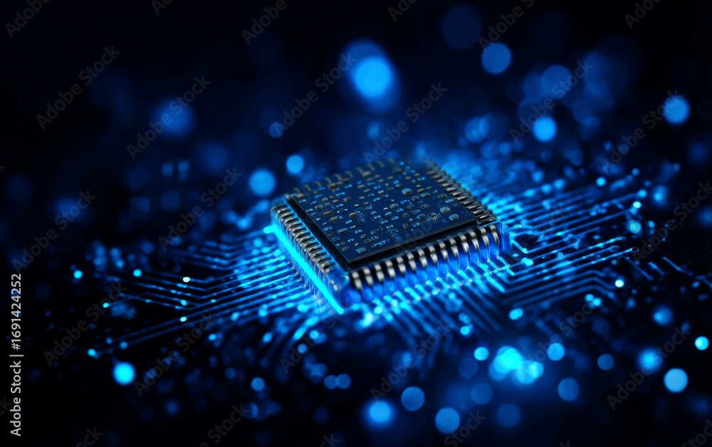 Aufkleber close-up view of a modern computer microchip with blue light effects