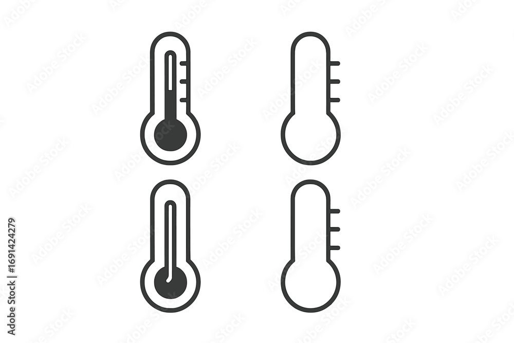 Poster thermometer line icon set for temperature measurement. vector symbols for hot and cold weather forec
