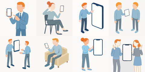 Simple Flat Illustration People Holding and Interacting with Mobile Phone Device