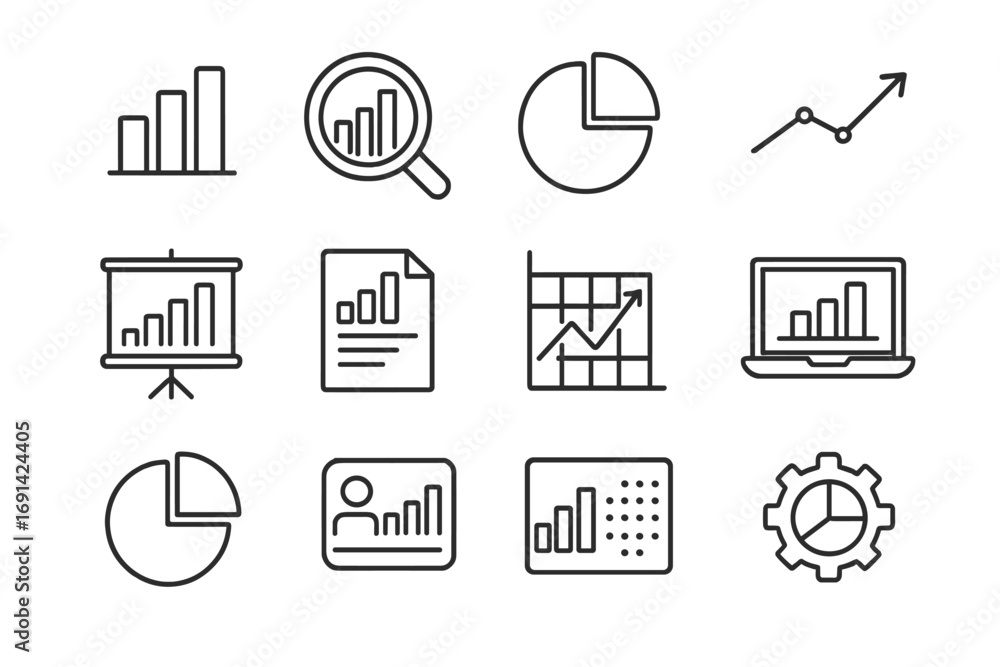 Poster business analytics line icon set. data visualization, charts, graphs for reports and presentations. 