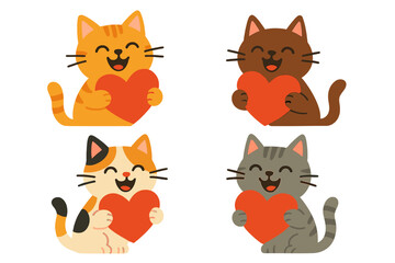 Obraz premium Set of cute cartoon cats holding love hearts. Cheerful vector characters celebrating Valentine's day, friendship, and companionship. Flat animal illustration isolated set.
