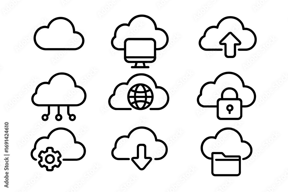 Poster cloud computing outline icon set. virtual network, tech symbols in line art. data storage, upload, d