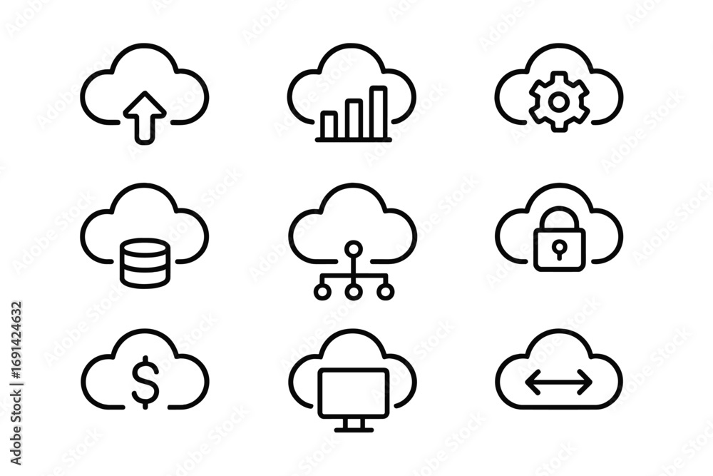 Poster cloud computing line icon set. data storage, network server, web hosting technology. digital busines