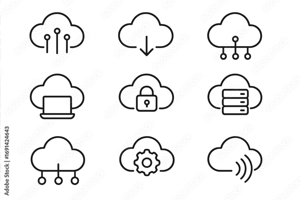 Poster cloud computing outline icon set. virtual network, tech symbols in line art. data transfer, server d