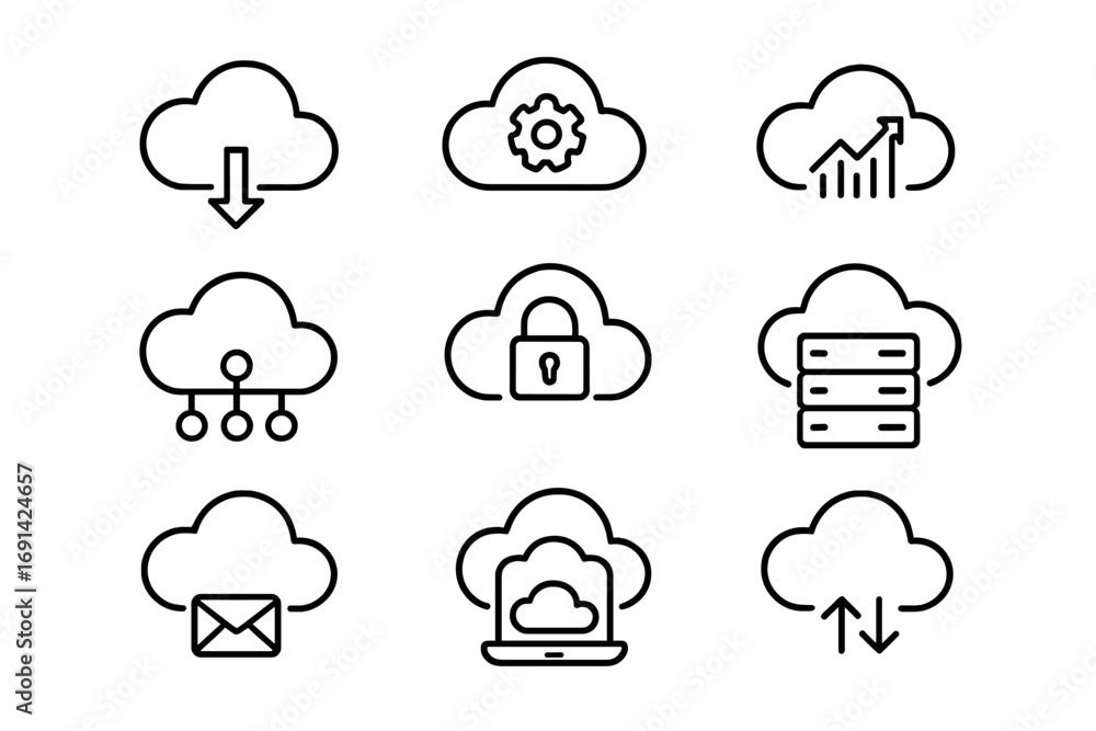 Poster cloud services line icon set. technology, business, data storage concepts. network symbols for hosti