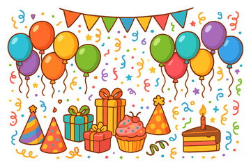 Birthday party celebration vector elements set. Colorful cartoon collection of fun holiday decorations. Happy festive design with gift, cake, balloon, confetti and banner.